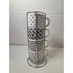 Black White Espresso Cup Set 4 Stackable Demitasse Mugs w Rack